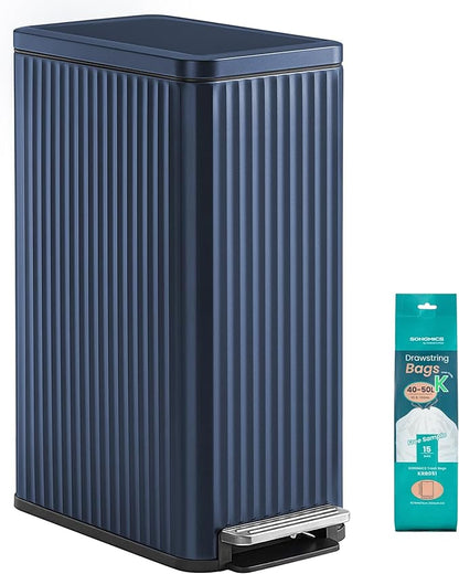 SONGMICS Trash Can, 13 Gallon (50 L) Slim Garbage Can for Kitchen, with Soft-Close Lid, Pedal, Removable Inner Bucket, Stainless Steel, 15 Trash Bags, Space-Saving, Midnight Blue ULTB350QZ01