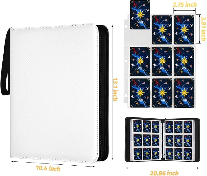 900 Pockets Round Ring Trading Card Binder, 9-Pocket Clear Zipper Card Album with Wrist Strap, Holds 900 Standard TCG & Sports Cards, Not Fit Top Loaders (Carbon White)