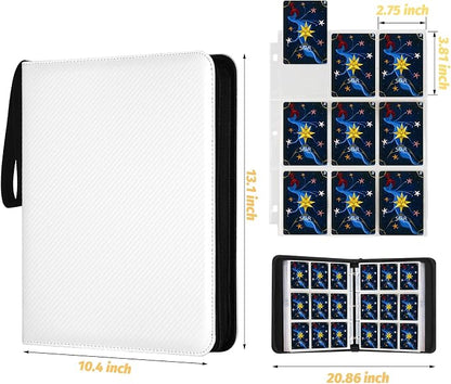 900 Pockets Round Ring Trading Card Binder, 9-Pocket Clear Zipper Card Album with Wrist Strap, Holds 900 Standard TCG & Sports Cards, Not Fit Top Loaders (Carbon White)