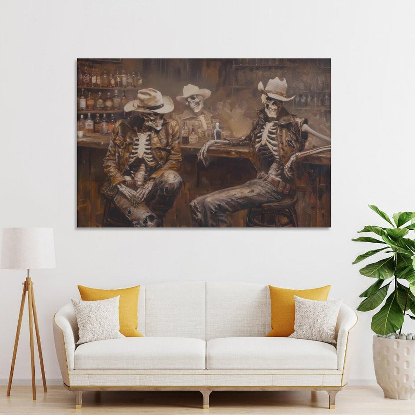 Skeleton Cowboy Saloon Trio Western Rustic Canvas Printing Wall Art Posters Prints Bohemian Aesthetic Bar Scene Oil Style Wall Decor for Living Room Bedroom Bar Office Den 12x18inch(30x45cm)