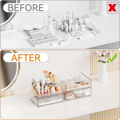 Yieach 4 Tier Clear Acrylic Makeup Organizers with Drawers,Tiered Countertop Make up Storage Organizer for Dresser Top and Bathroom Vanity,Plastic Makeup Stand for Brush,Skincare,Beauty Organizers
