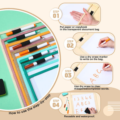 Watersay 24 Pcs Dry Erase Pocket Reusable Sleeves 10" x 14" Clear Plastic Sheet Protectors with Markers and Mini Dry Erasers for Paper(Boho)