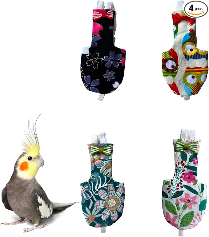 UKJENT Bird Diaper Protective Parrot Nappy - 4 Pack, Reusable Flight Suit with Waterproof Inner Layer, Washable Cute Urine Wet Suit for Cockatiel Monk Parakeet Sun Parakeet Lory(S)