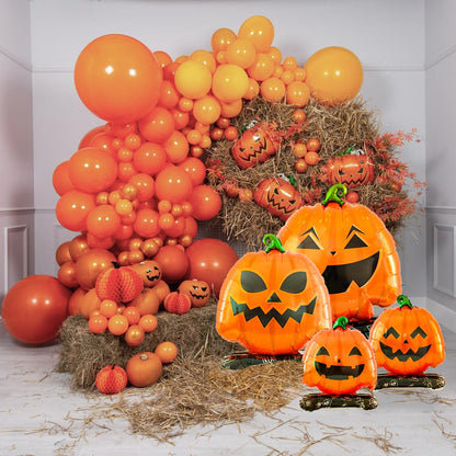 Eanjia Halloween Pumpkin Balloon Set of 4 – Giant Standing Jack-O’-Lantern Mylar Foil Balloons (3.3ft to 1.6ft) for Indoor Party Decorations, Summerween Decor, Trick or Treat Props