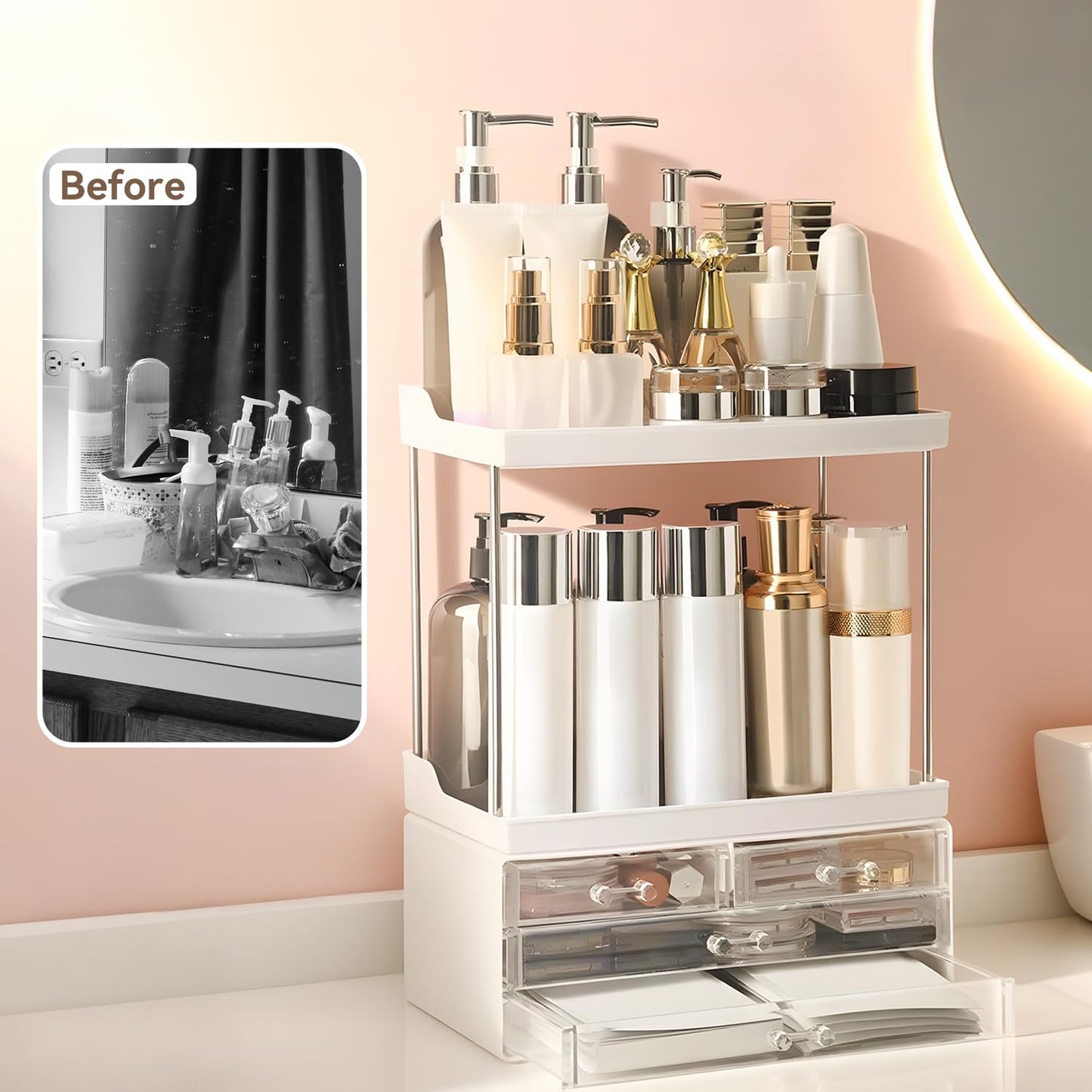 Brothersbox Bathroom Organizers and Storage, 5-Tier 4-Drawer Makeup Organizer Countertop, Multi-Purpose Large Makeup Vanity Organizer, Hair Product, Perfume & Skincare Storage, White