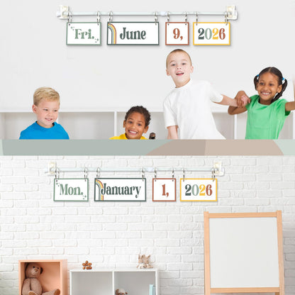 Boho Green Flip Calendar Bulletin Board Set Sage Green Calendar for Classroom Whiteboard Decor with 2026 to 2030 Years Date Cards and Adjustable Rod for Home Elementary Back to School Teacher Supplies
