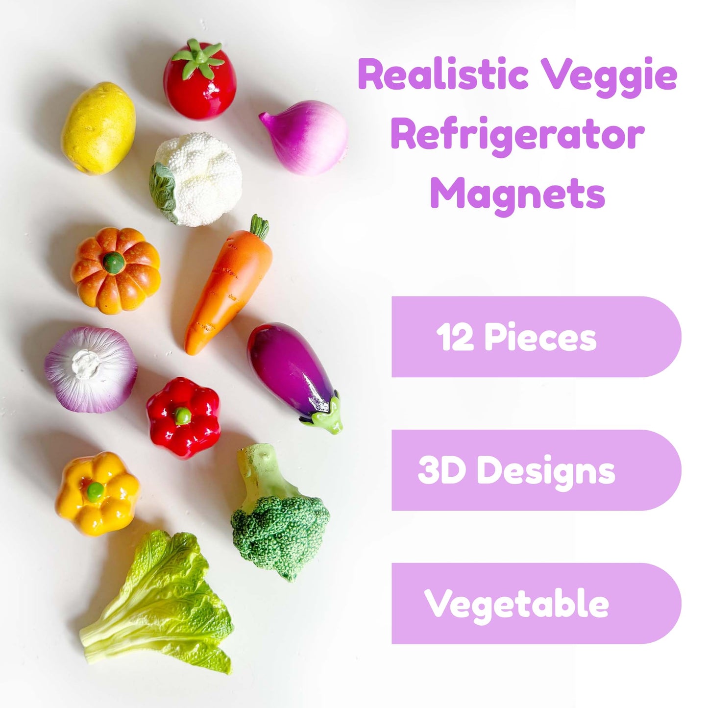 Veggie Garden 3D Realistic Refrigerator Magnets Set - 12 Pack Strong Magnetic Decor for Kitchen, Office Whiteboard & Bulletin Board - Cute Vegetable Shaped Magnets for Notes & Photos