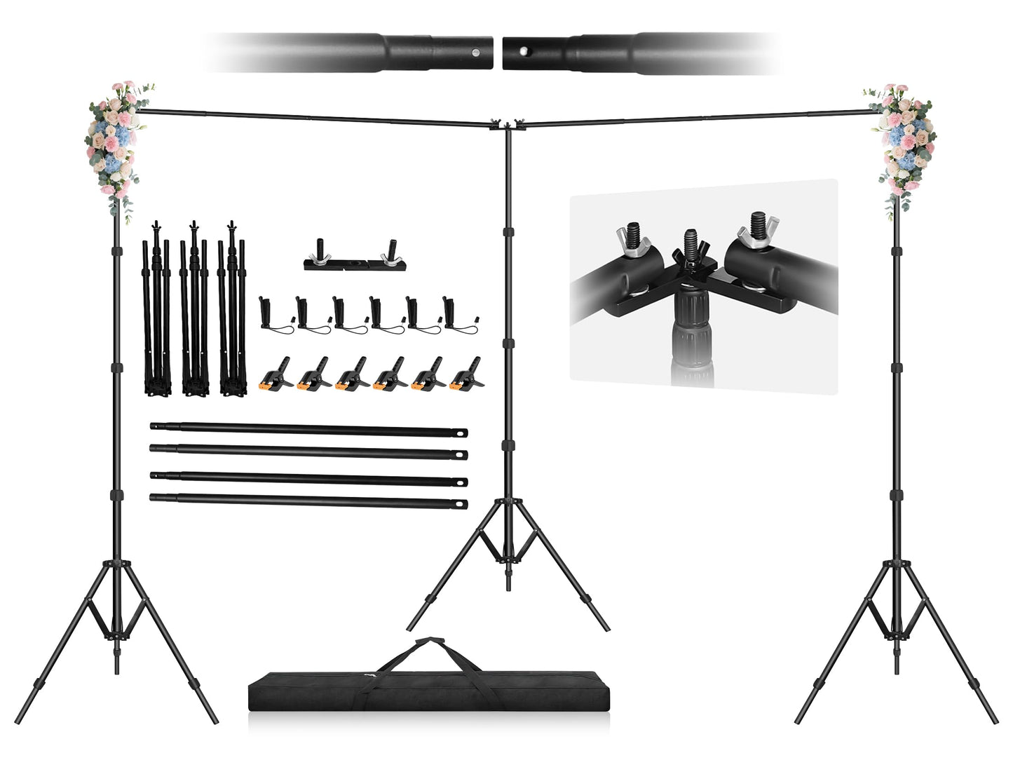 Jiang&Rong 8.5 x 20ft (H x W) Adjustable Photo Backdrop Stand Kit, Large Photography Background Stand with 308°Angle Rotatable Connector for Wedding, Birthday, Party