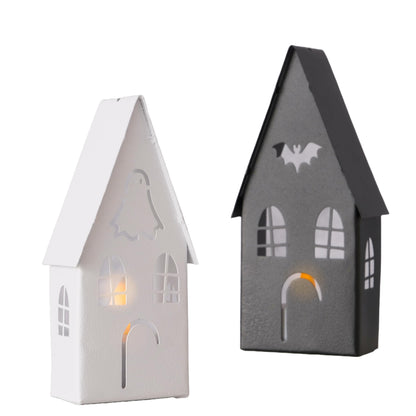 Spooky Halloween House Tea Light Candle Lanterns, Set of 2, Bat Black and Ghost Ivory, Metal, 6.25 and 4.75 Inches, Gabled Roof-Tops, Windows,