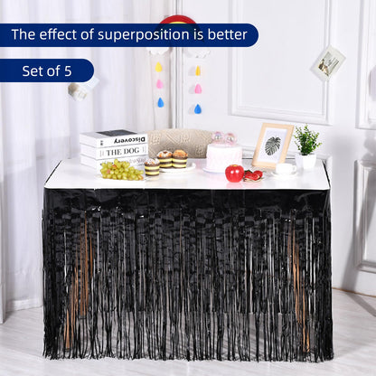 5 Pack Black Foil Fringe Table Skirt 29x108 Inch Metallic Foil Fringe Table Skirts Tinsel Streamer Curtains Backdrop Parade Floats Birthday Halloween Christmas Party Decoration (Black)