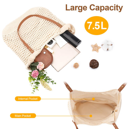 Peicees Crochet Beach Bag Purse, Boho Woven Tote with Leak-Proof Lining For Summer Vacation Travel Casual Shoulder Bag Soft