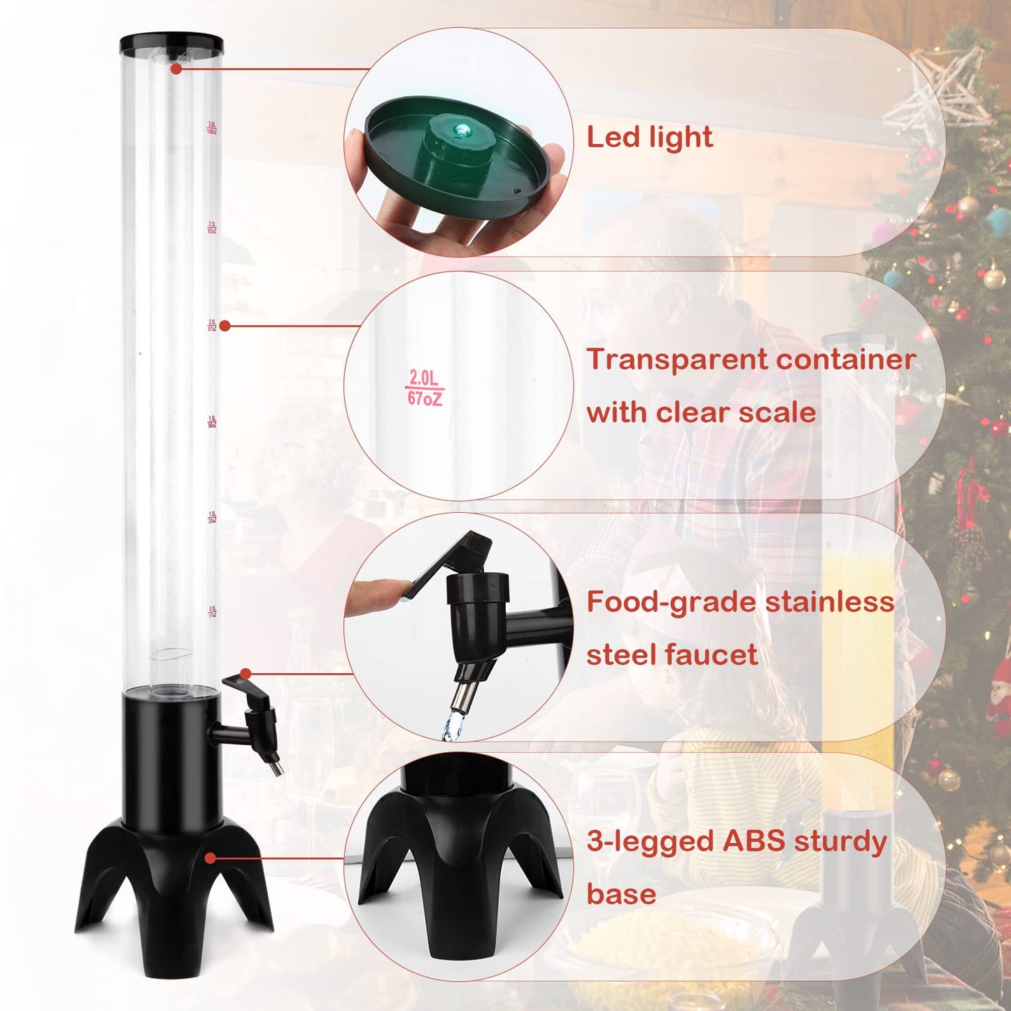 Beer Dispenser, 100oz/3.2 qt Mimosa Tower Dispenser with Ice Tube and LED Light for Margarita, Liquor, Beverage - Tabletop Drink Tower Dispensers for Parties