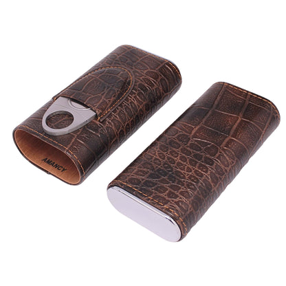 AMANCY 3-Finger Classy Black Brown Crocodile Pattern Leather Cigar Case With Small Humidifier and Cutter