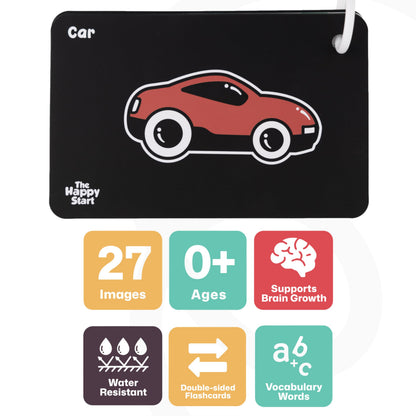 Happy Start High Contrast Baby Cards for Newborns - Black & White Cards, Water-Resistant, BPA-Free, Portable Educational Flashcards for Visual Stimulation, Award-Winning, Ages 0+ (English)