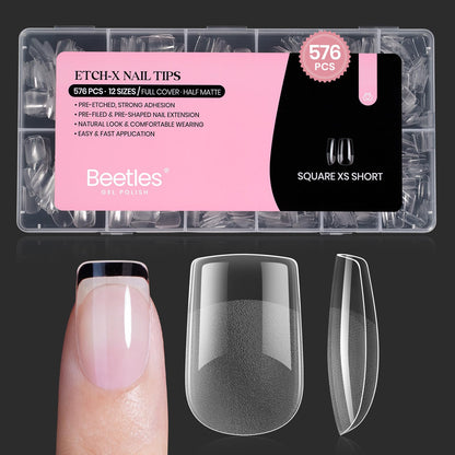 Beetles Gel Nail Kit Short Almond with Nail Dehydrator and Primer, 576Pcs Half Matte Etch-X Gel Nail Tips Solid Nail Glue Mini Nail Lamp Acrylic Nail Tips Easy DIY Nail Extension Set Gift for Women
