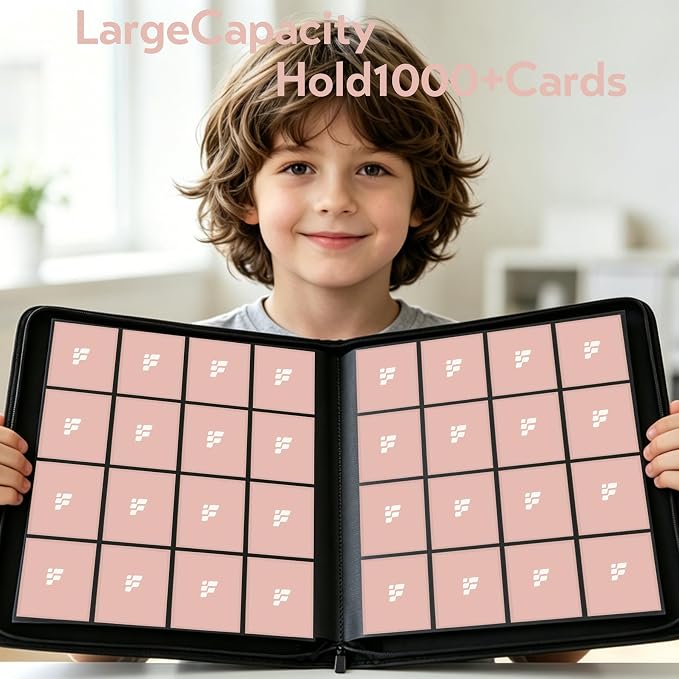 1000+ Pockets Trading Card Binder, 16 Pockets Trading Card Binder Ringless Side Loading Trading Card Album Folder for TCG,MTG,Sports Cards(Pink-1)