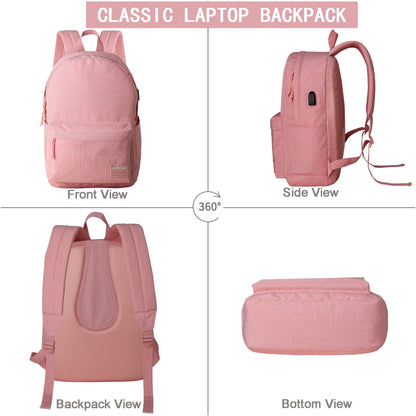 SUPACOOL Casual Laptop Backpack for Men and Women, Backpack for College, USB Charging Port, Lightweight Pack Back(Pink)