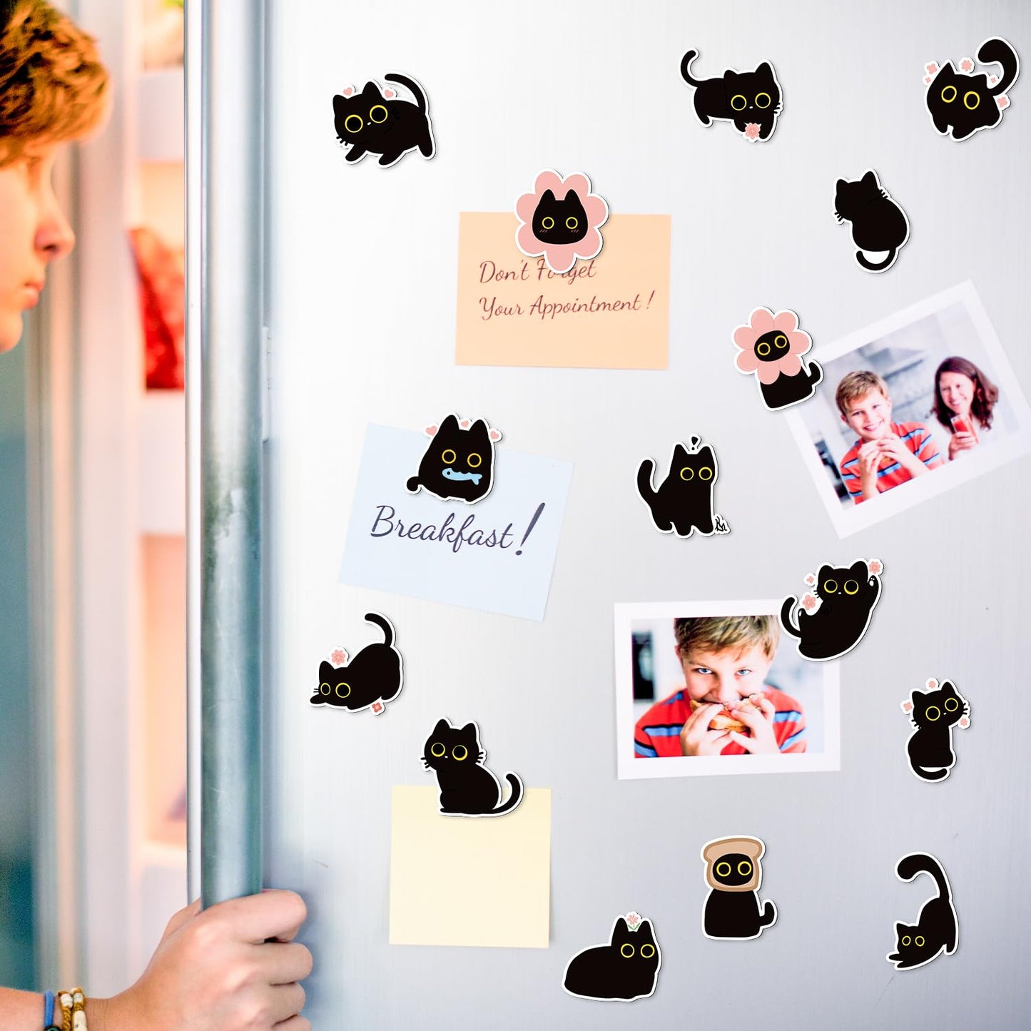 MALLMALL6 24Pcs Cute Black Cat Fridge Magnets, Novelty Gift for Cat Lover, Spring Refrigerator Magnetic Sticker Decor Accessories with Flower Bread Fish for Home Kitchen Office Locker Mailbox Door
