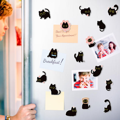MALLMALL6 24Pcs Cute Black Cat Fridge Magnets, Novelty Gift for Cat Lover, Spring Refrigerator Magnetic Sticker Decor Accessories with Flower Bread Fish for Home Kitchen Office Locker Mailbox Door