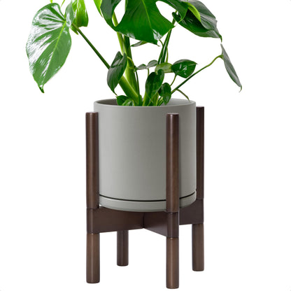 D'vine Dev Ceramic Planter with Walnut Color Stand - 8 Inch Modern Round Flower Pot with Wood Planter Holder, Grey, 55-B-Y-3