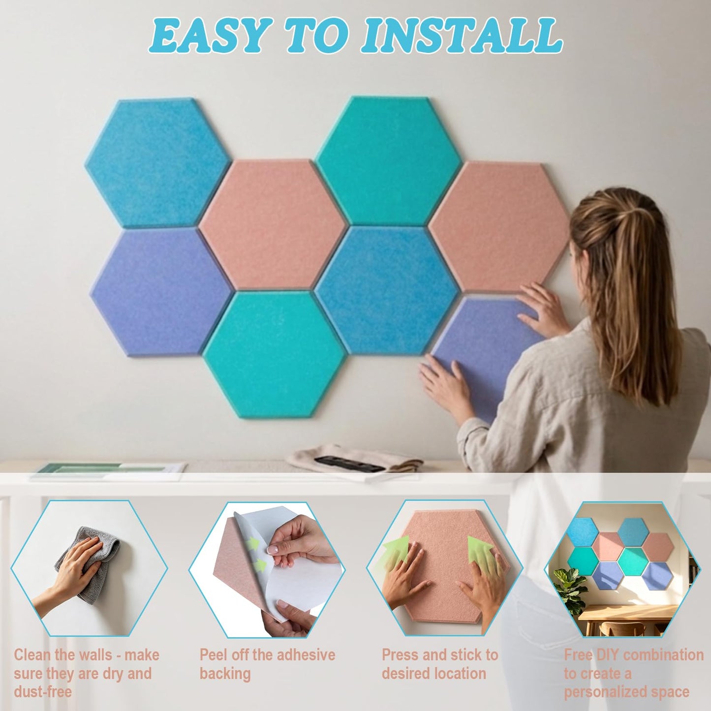 8 Pack Hexagon Cork Board Alternative for Walls Decor, 12" x 10" Self-Adhesive Felt Bulletin Board Tiles with 30 Pushpins, Acoustic Panels for Office,Classrooms (Macaron Fresh)