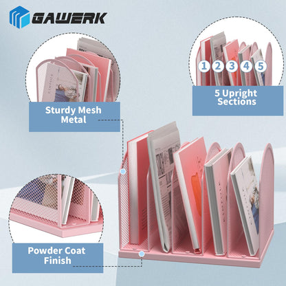 Gawerk 5-Section Vertical Desktop Organizer, 5-Section Mesh File Folder Stand Sorter for Office Home Classroom Organization (1, Pink)