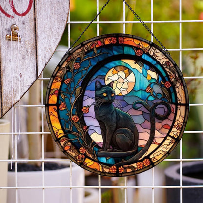 Payutou Black Cat Stained Glass Window Hangings,Suncatcher Stained Glass for Windows for Cat Lovers,20cm/7.87inch Hand-Painted Sun Catcher Garden Hangings Halloween Fall Christmas Decor for Home