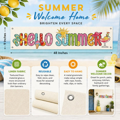 Summer Porch Banner Decor, Hello Summer Fun Wall Hanging with Ice Cream Beach Cocktail Design, Seasonal Entryway Doorway Hallway Home Accent 48x9 Inches