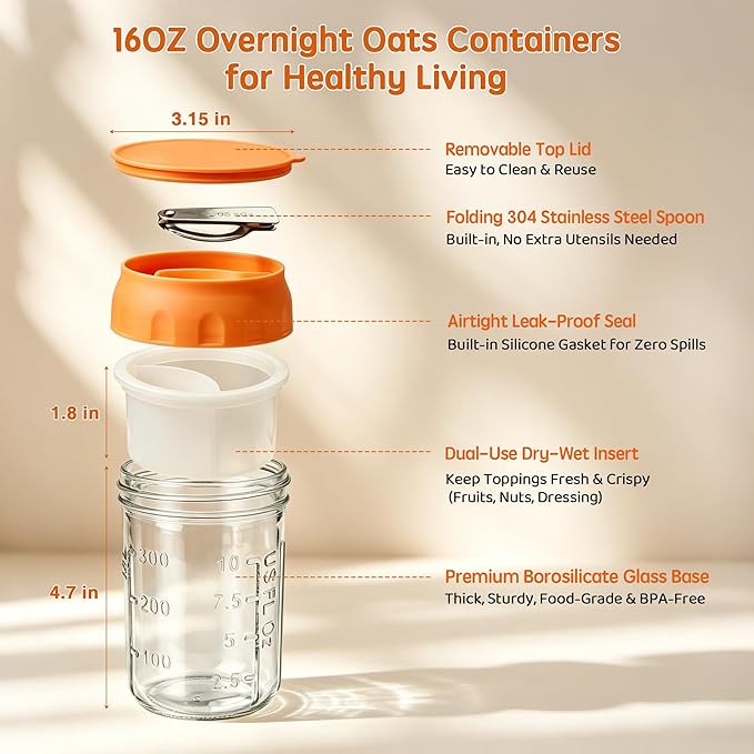 16oz Overnight Oats Containers with Lids & Folding Spoons, 4 Pack Glass Meal Prep Jars with Divided Compartments, Leakproof Airtight Mason Jars for Oatmeal Yogurt Parfait Fruit Snack