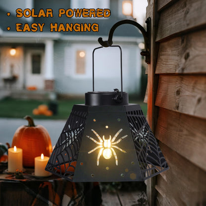2 Pack Halloween Solar Lantern with Spider Web Design, Outdoor Hanging LED Light for Yard Patio Garden, Waterproof Metal Decorative Lamp for Halloween Decor
