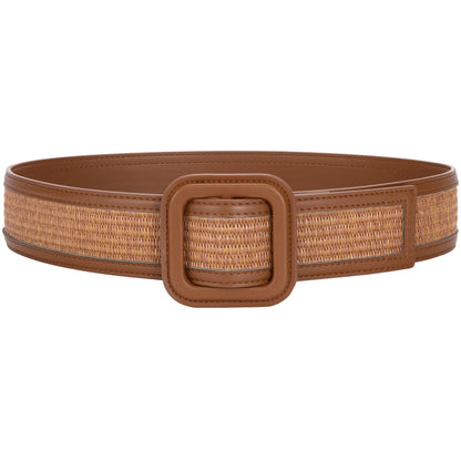 TRIWORKS Straw Woven Belts for Women Wide Waist Leather Boho Briaded Belt No‑Hole Adjustable for Dresses