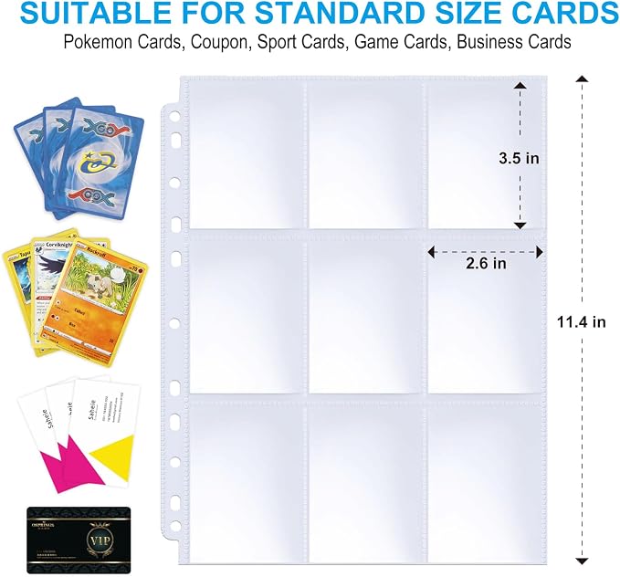 ABLY 540 Pockets Double-Sided Trading Card Pages Sleeves 9-Pocket Clear Plastic Game Card Protectors for Skylanders, Pokemon, Baseball Cards and More, Fit 3 Ring Binder (30 Pages)