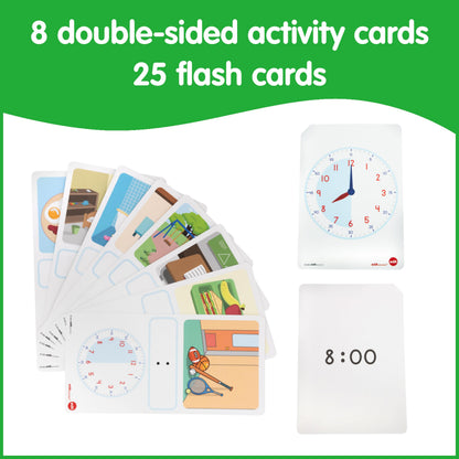 edxeducation Learning Clock Activity Set | 8 Double-Sided Activity Cards and 25 Flashcards | Digital and Analog Teaching Clocks for Kids