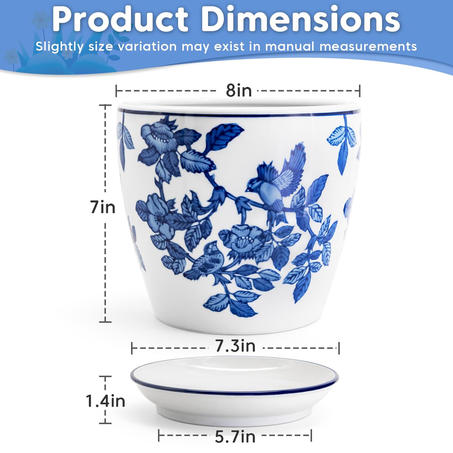 HakkaGirl 8 inch Ceramic Flower Pots, Chinoiserie Decor Ceramic Planter Plant Pots for Indoor Plants with Drainage and Saucer, Blue and White