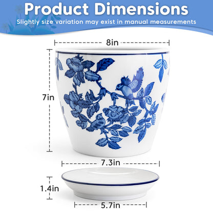 HakkaGirl 8 inch Ceramic Flower Pots, Chinoiserie Decor Ceramic Planter Plant Pots for Indoor Plants with Drainage and Saucer, Blue and White