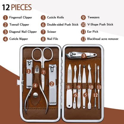 FAMILIFE Manicure Set, Nail Professional Kit Manicure Kits Nail Clipper Sets, 13PCS Stainless Steel Pedicure Sets Mens Grooming Tool, with Brown Leather Travel Case for Men