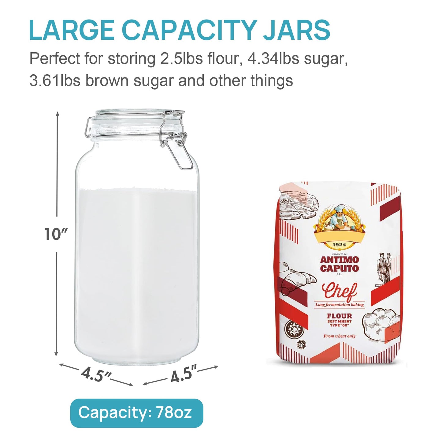 Vtopmart 78oz Glass Food Storage Jars with Airtight Clamp Lids, 3 Pack Large Kitchen Canisters for Flour, Sugar, Cereal, Coffee, Pasta and Canning, Square Mason Jars with 8 Reusable Labels