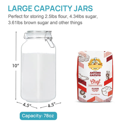 Vtopmart 78oz Glass Food Storage Jars with Airtight Clamp Lids, 3 Pack Large Kitchen Canisters for Flour, Sugar, Cereal, Coffee, Pasta and Canning, Square Mason Jars with 8 Reusable Labels