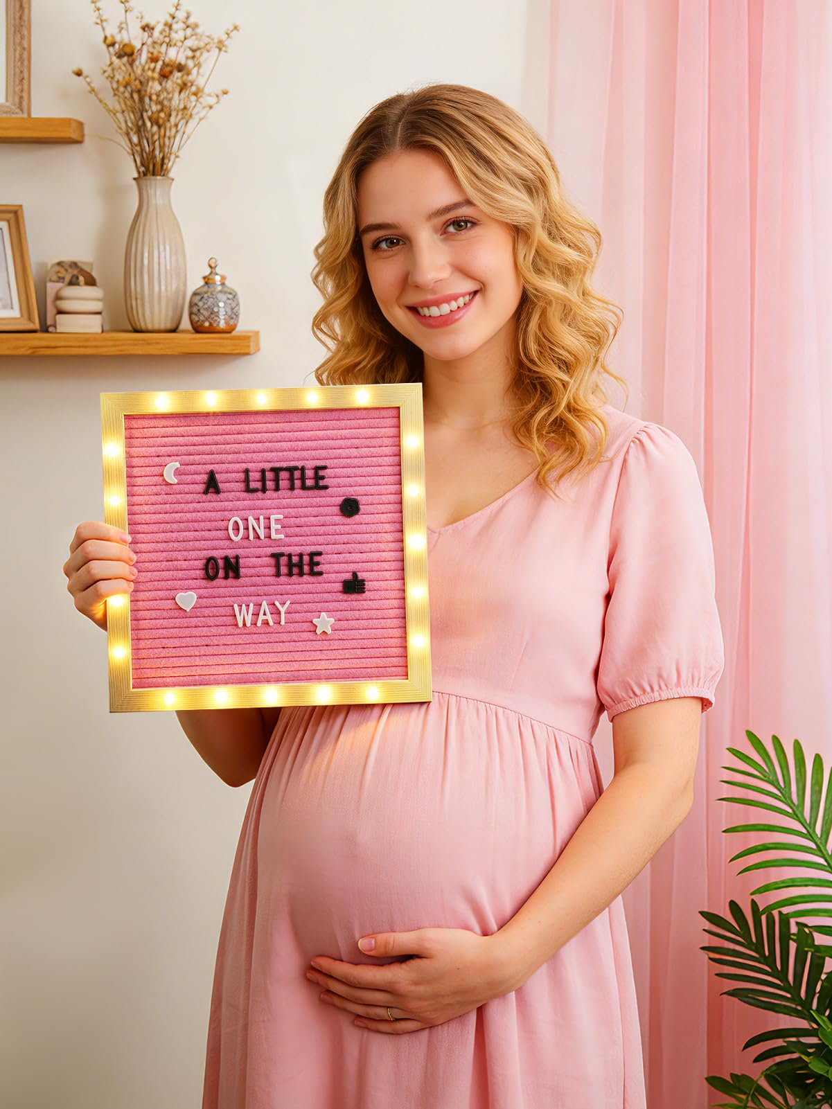 Changeable Felt Letter Board with LED Lights - 10''×10" Message Custom Signs & Wood Stand & 450 Letters, Poster Board for Baby/Pregnancy Announcement/Classroom Wall Decor Gifts, Pink