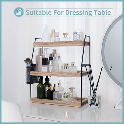 Bathroom Counter Organizer, 3-Tier Standing Storage Shelf with Basket, Wood Tray for Skincare Vanity Organizer