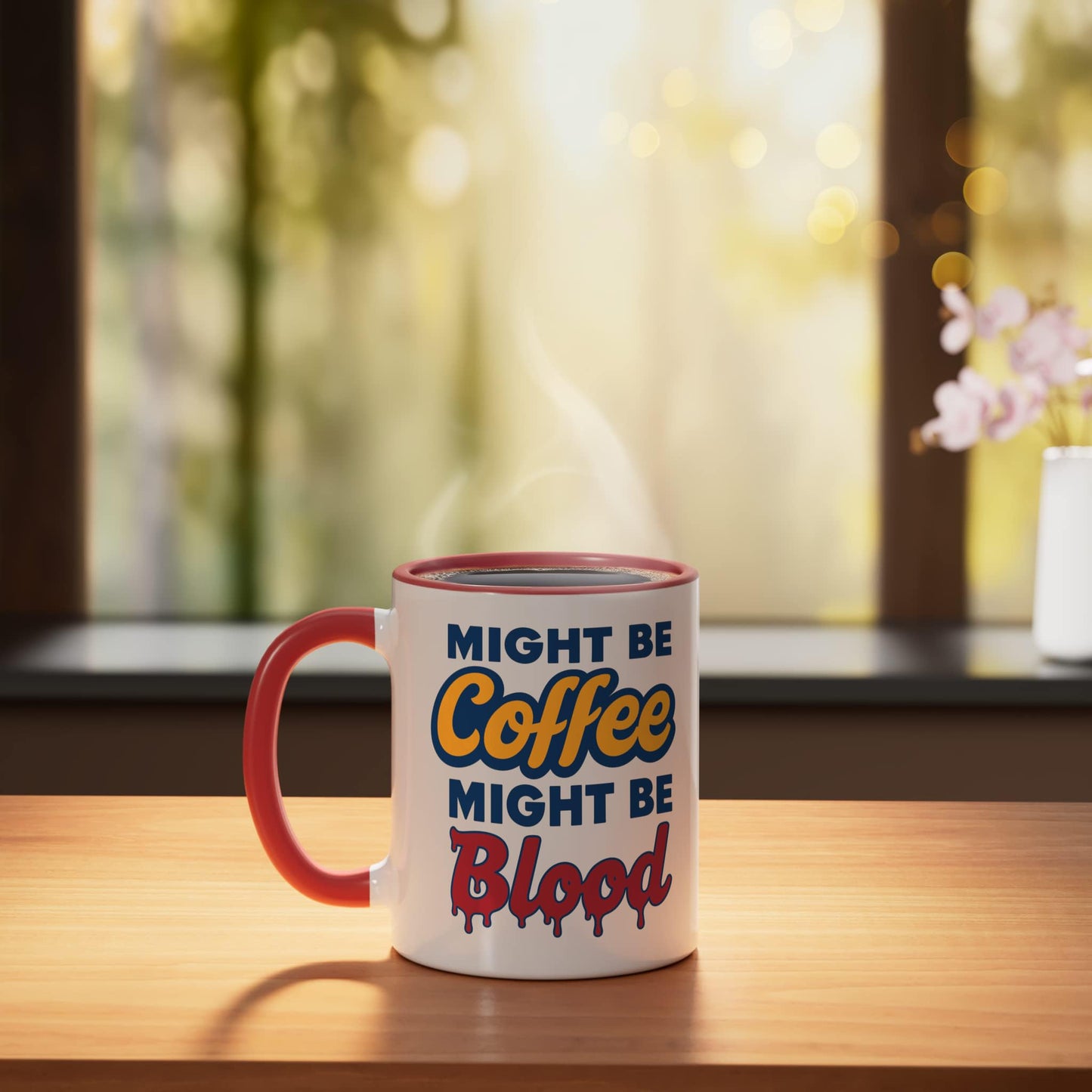 Might Be Coffee Might Be Blood, Funny Vampire Halloween Ceramic Mug, Red/White