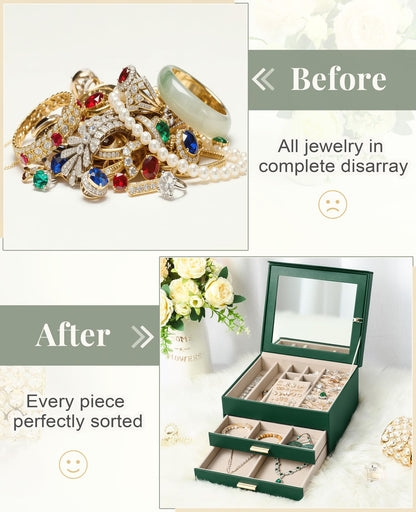 Amearea Jewelry Box Organizer for Women Girls with Mirror, 3-Layer Large Jewelry Storage Case, Synthetic Leather Jewelry Holder Organizer with Removable Tray for Necklaces Earrings Rings, Green