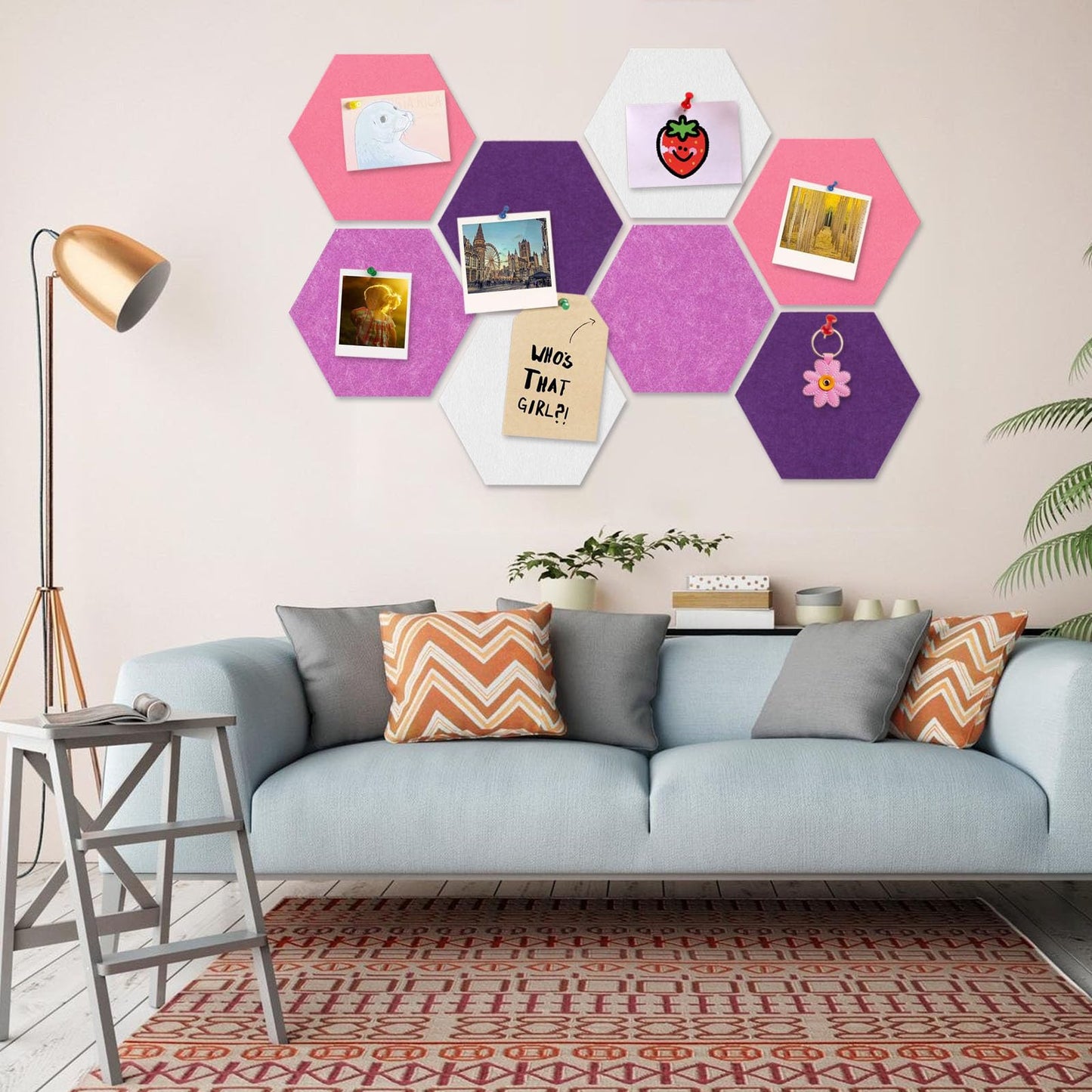 8 Packs White Purple Pink Hexagon Felt Pin Board, 12" Bulletin Board with 30 Push Pins, Felt Board for Home Kitchen Office Decor, Self-Adhesive Corkboard Tiles for Walls Message Photos Memos Display