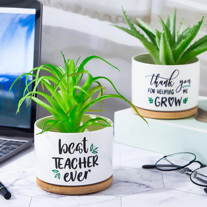 Newtay 2 Pcs End of Year Teacher Gifts Thank You for Helping Me Grow Pots Ceramic Succulent Pots White Flower Planter Pot Teachers Appreciation Gifts for Graduation Back to School