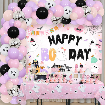 Balterever Happy Boo Day Party Decorations for Girl Pink Black Halloween Birthday Balloon Garland Kit with Happy Boo Day Backdrop Cake Cupcake Toppers Pink Halloween Tablecloth for Girl Bday Party