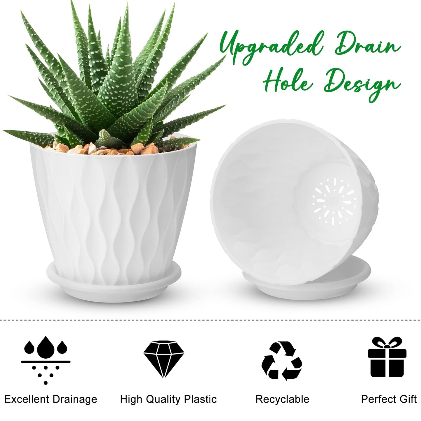 YNNICO 6 inch Plant Pots, 5 Pack Flower Pots Outdoor Indoor, Planters with Drainage Hole and Tray Saucer（White