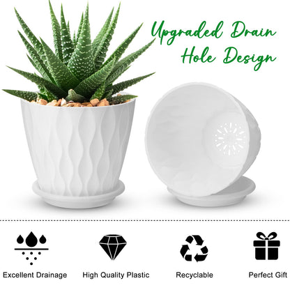 YNNICO 6 inch Plant Pots, 5 Pack Flower Pots Outdoor Indoor, Planters with Drainage Hole and Tray Saucer（White
