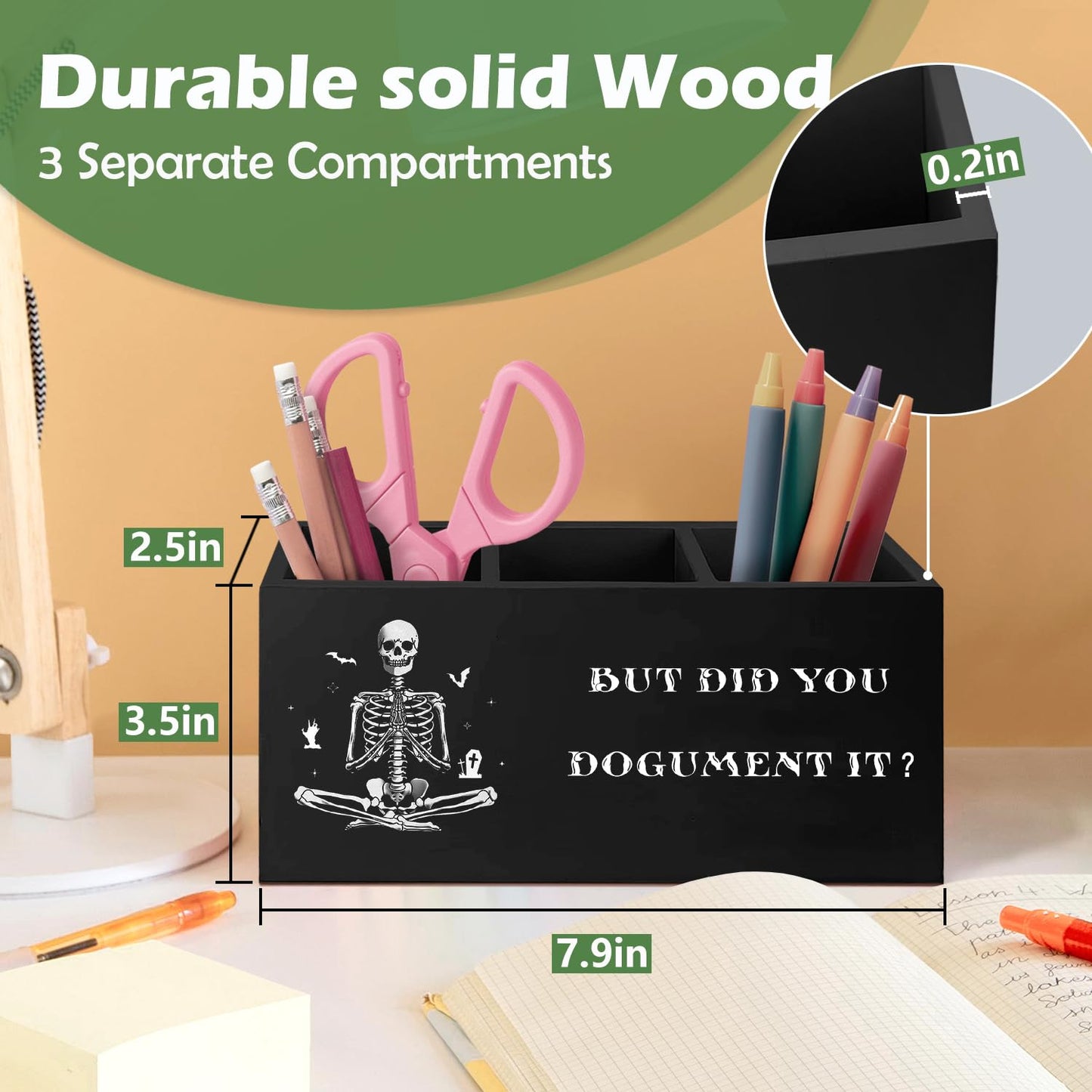 VIIJJUE Gothic Office Supplies Decor Wooden Pen Pencil Holder, Funny Office Gifts for Coworkers-But Did You Document It , Funny Gothic Skeleton Wooden Organizer for Home Desk Table Shelf Decor