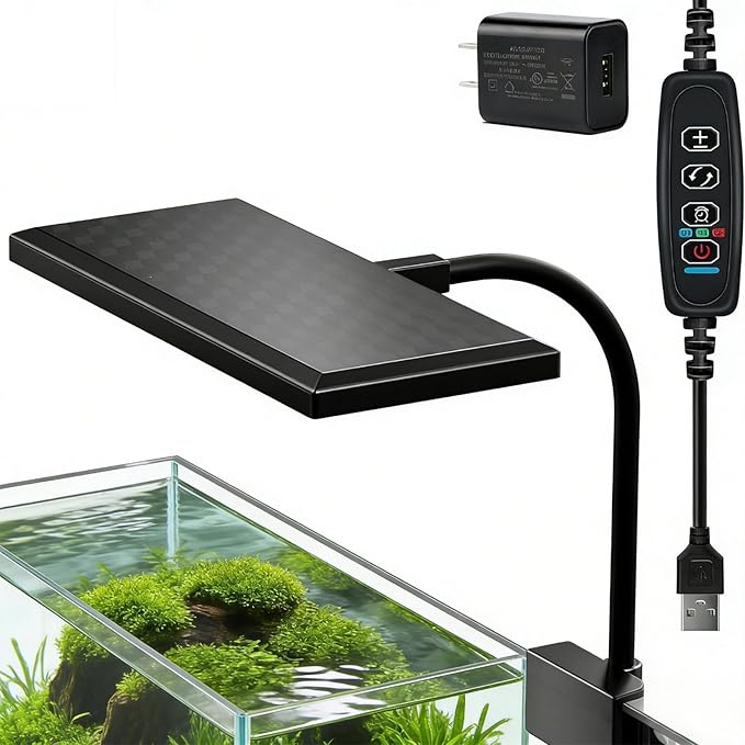 Mini Clip-On Aquarium Light 10W Full Spectrum LED for Nano & Betta Fish Tanks, Timer & 10-Level Dimmer, Freshwater Planted Desk Aquariums 3–8 Gallons