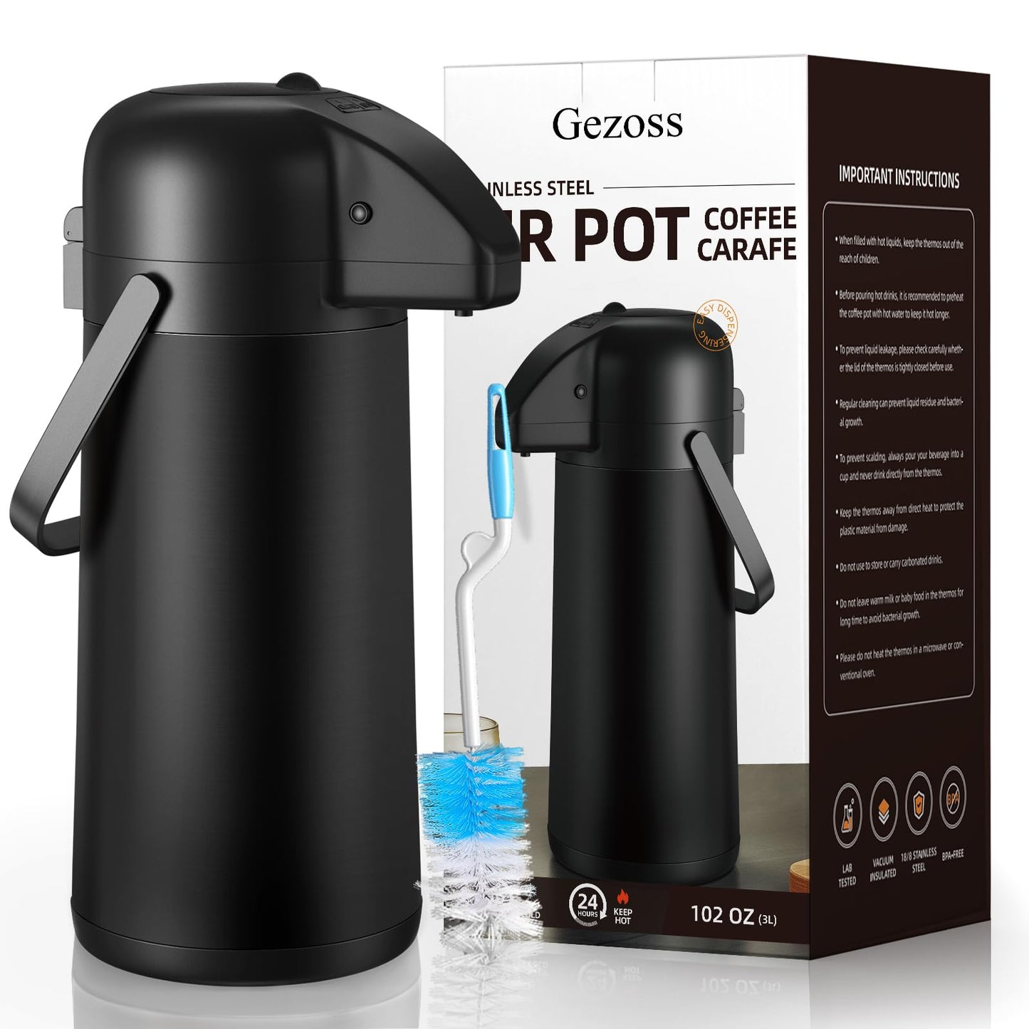 Coffee Carafe for Keeping Hot - Gezoss 102OZ / 3L Airpot Coffee Dispenser with Pump - Large Coffee Carafe for Hot Drinks Tea Liquid - Insulated Stainless Steel Hot Water Beverage for Parties,Black